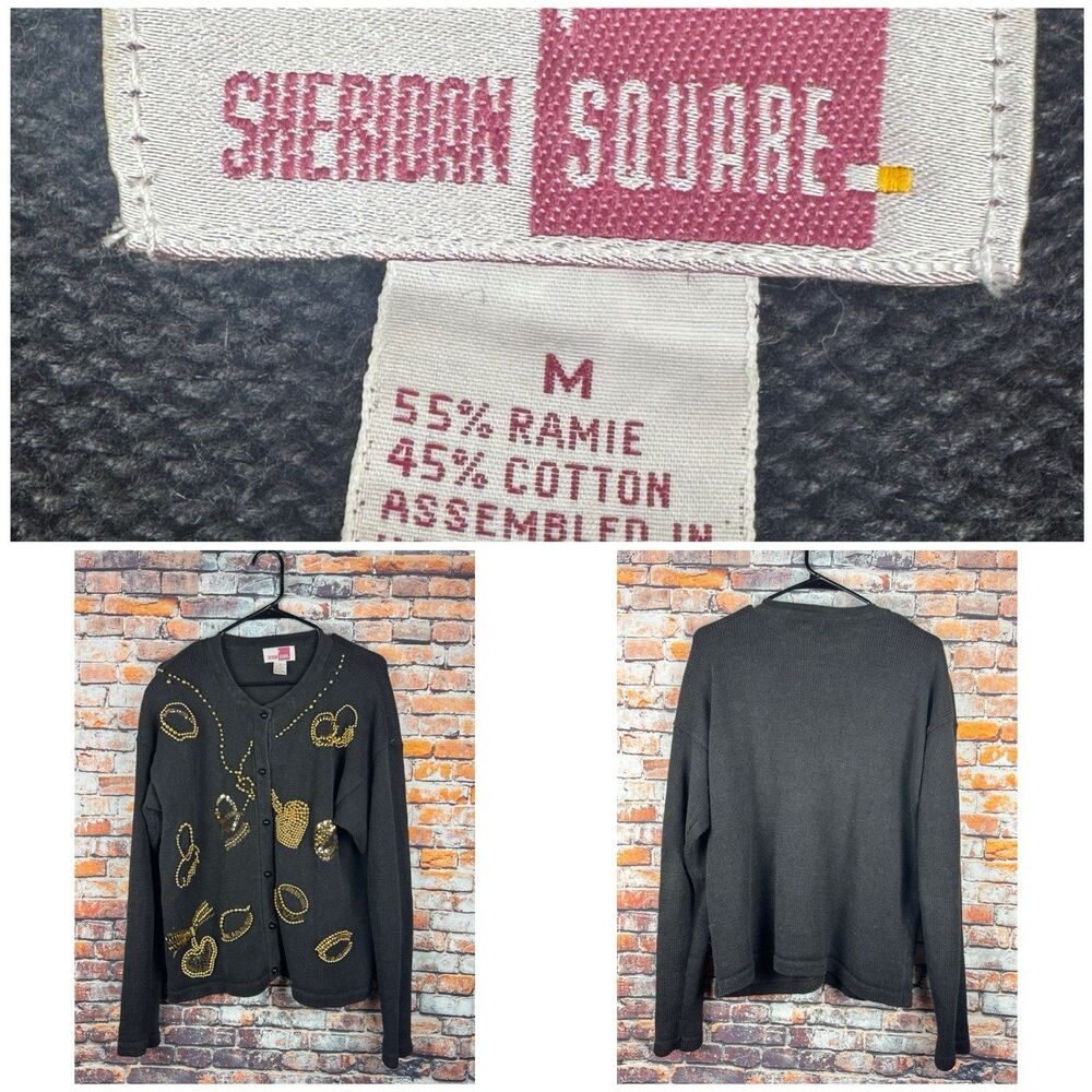 Sheridan Square Vintage Grandma Cardigan Gold Beaded Sequined Design Medium